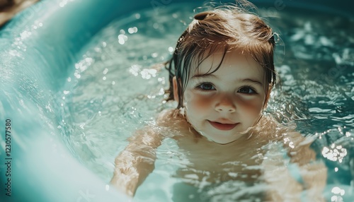 Children Playing In Inflatable Baby Pool At Garden Play Center, Sliding, Swimming, And Splashing With Water Toys On Hot Summer Day For Family Outdoor Fun. photo