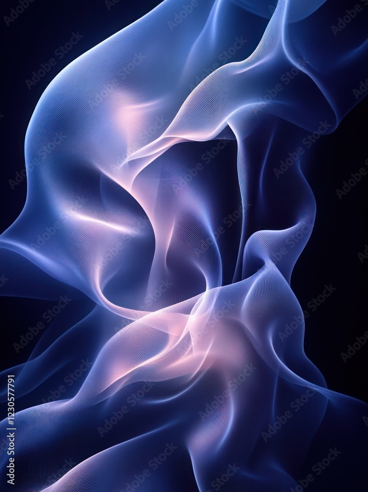 Naklejka premium Glowing blue fabric swirls, dark background, abstract art, design element