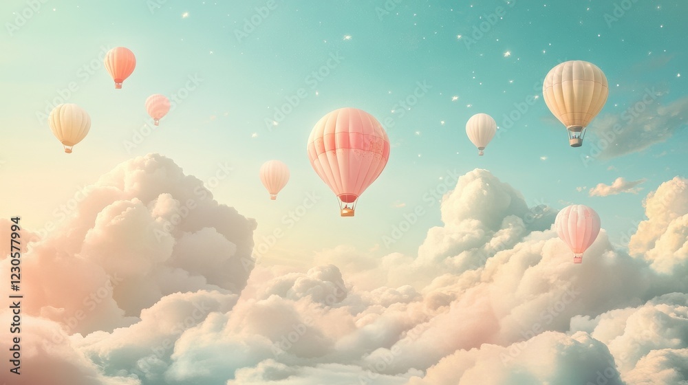 Naklejka premium Pastel Hot Air Balloons Soaring Above Fluffy Clouds