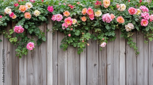 Blooming roses cascading over weathered wooden fence photo