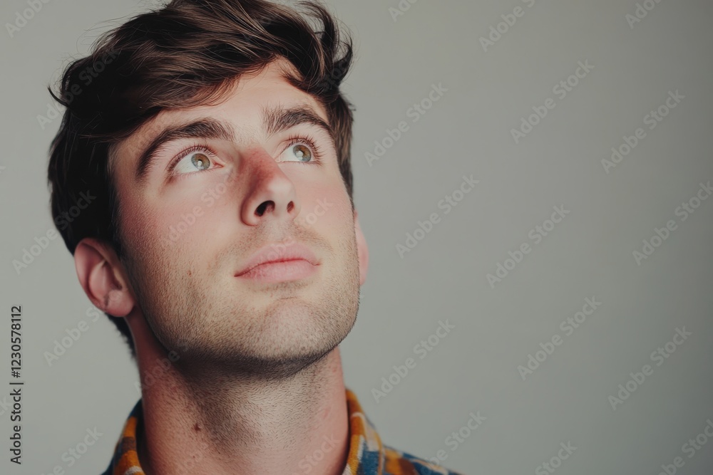 Obraz premium Thoughtful Young Man Gazing Upwards with Hopeful Expression