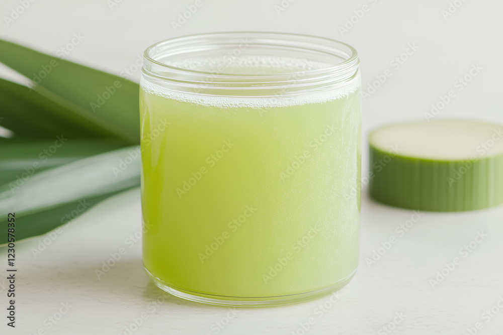 Refreshing Aloe Vera Juice: A glass jar filled with vibrant green aloe vera juice, sits beside fresh aloe vera leaves. The image evokes a sense of natural refreshment and health. Refreshing Aloe Vera Juice: A glass jar filled with vibrant green aloe vera juice, sits beside fresh aloe vera leaves. The image evokes a sense of natural refreshment and health.