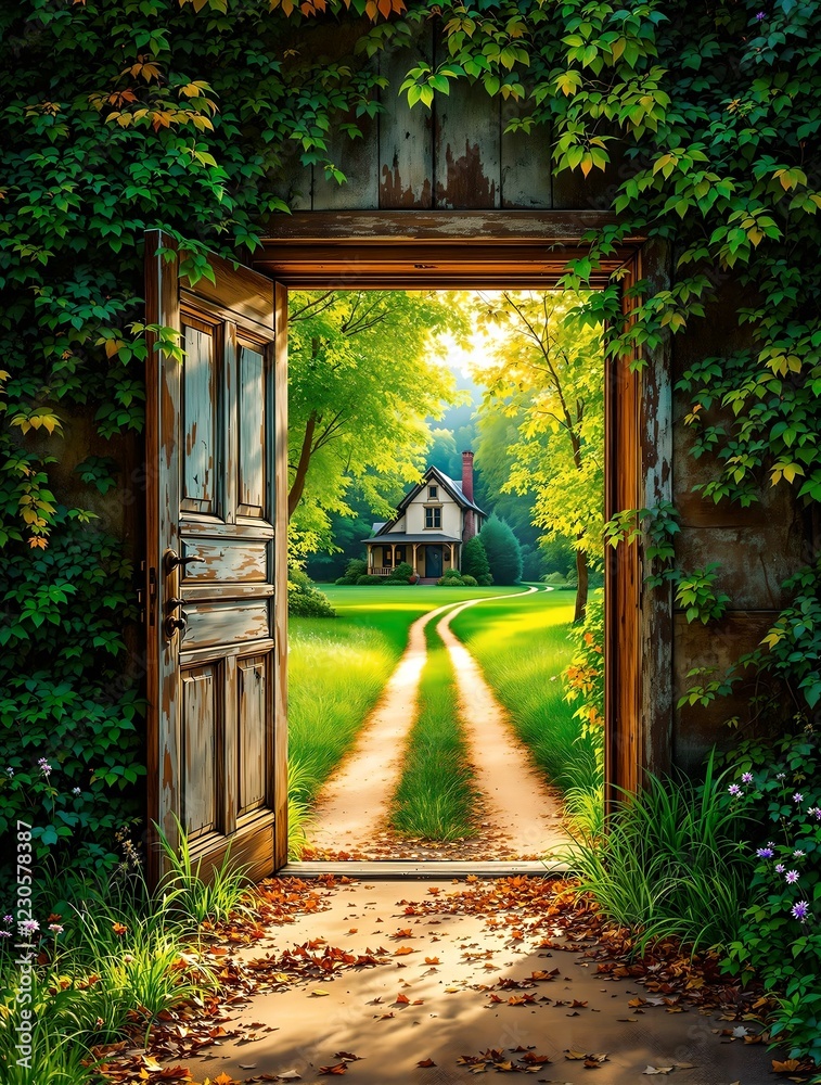 An old stone archway with a wooden door opens to a winding dirt path stretching through a vast, sunlit green field under a bright blue sky.