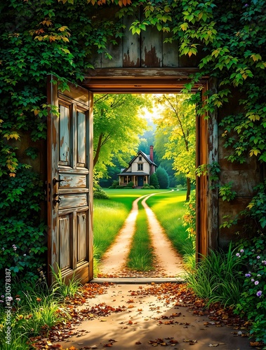 Obraz na płótnie An old stone archway with a wooden door opens to a winding dirt path stretching through a vast, sunlit green field under a bright blue sky. w salonie