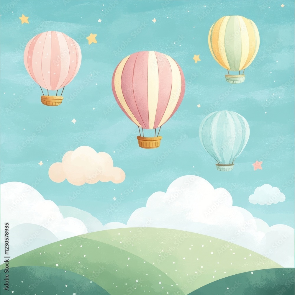 Obraz premium Pastel Hot Air Balloons Soar Over Rolling Green Hills