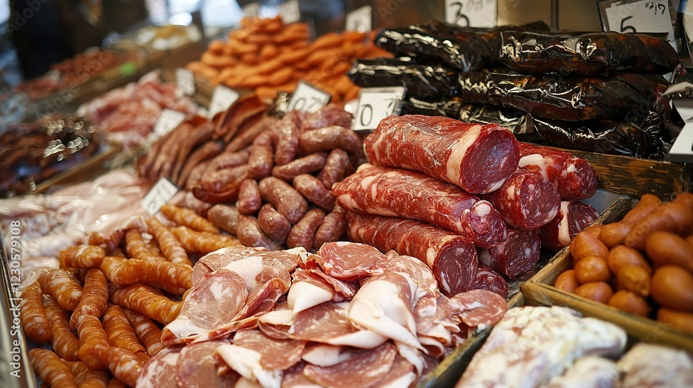   A store showcases a variety of meats and sausages for purchase on display