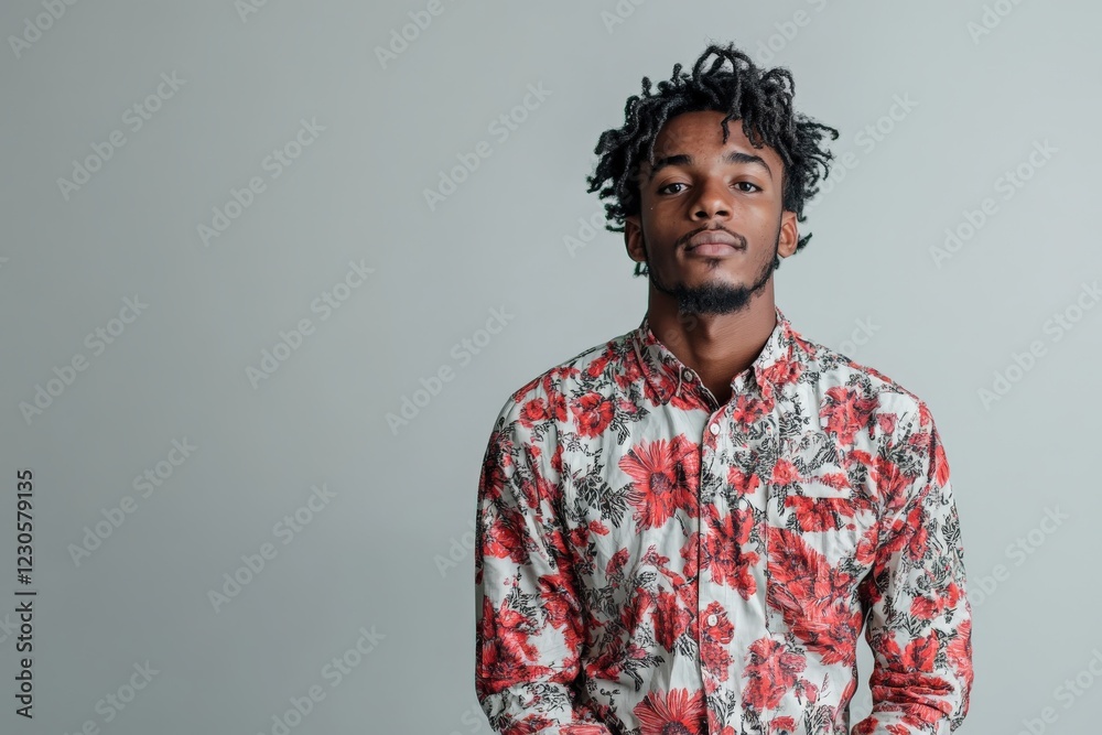 Fototapeta premium Stylish Young Man in Floral Shirt Posing Against a Light Background