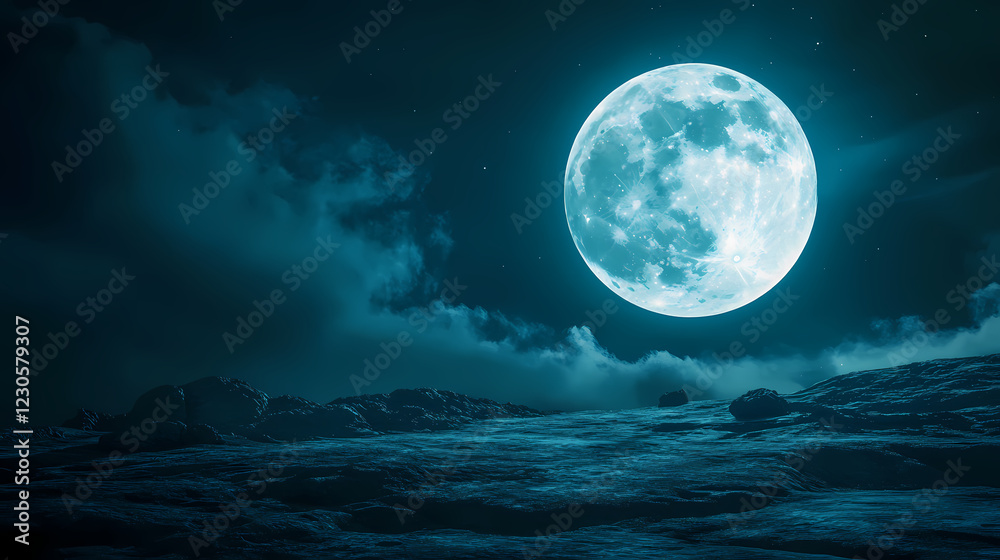 Stunning lunar landscape featuring large, glowing moon illuminating dark sky with ethereal light effects. scene evokes sense of wonder and tranquility. Lunar Plains. Illustration Stunning lunar landscape featuring large, glowing moon illuminating dark sky with ethereal light effects. scene evokes sense of wonder and tranquility. Lunar Plains. Illustration