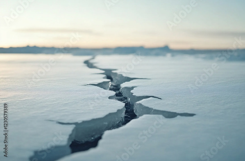 A close-up of cracked, melting ice revealing dark ocean water beneath, symbolizing climate change photo