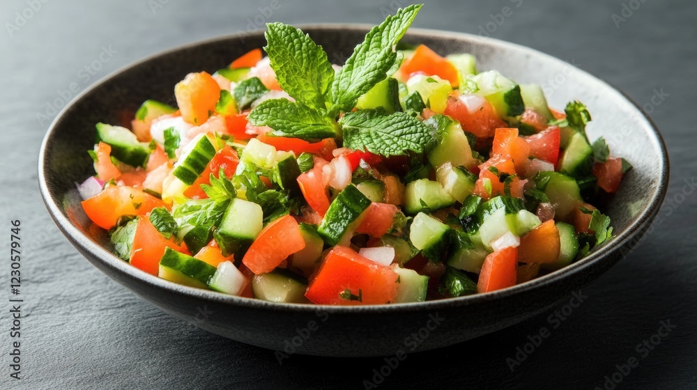 Fresh vegetable salad in a dark bowl with garnished parsley on top, served on a black table for a wholesome meal. Fresh vegetable salad in a dark bowl with garnished parsley on top, served on a black table for a wholesome meal.
