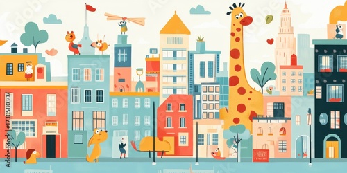 Whimsical Animal Cityscape Featuring A Tall Giraffe