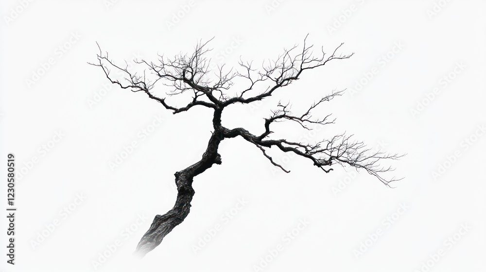 Fototapeta premium Leafless tree branch, winter scene, white background, nature design