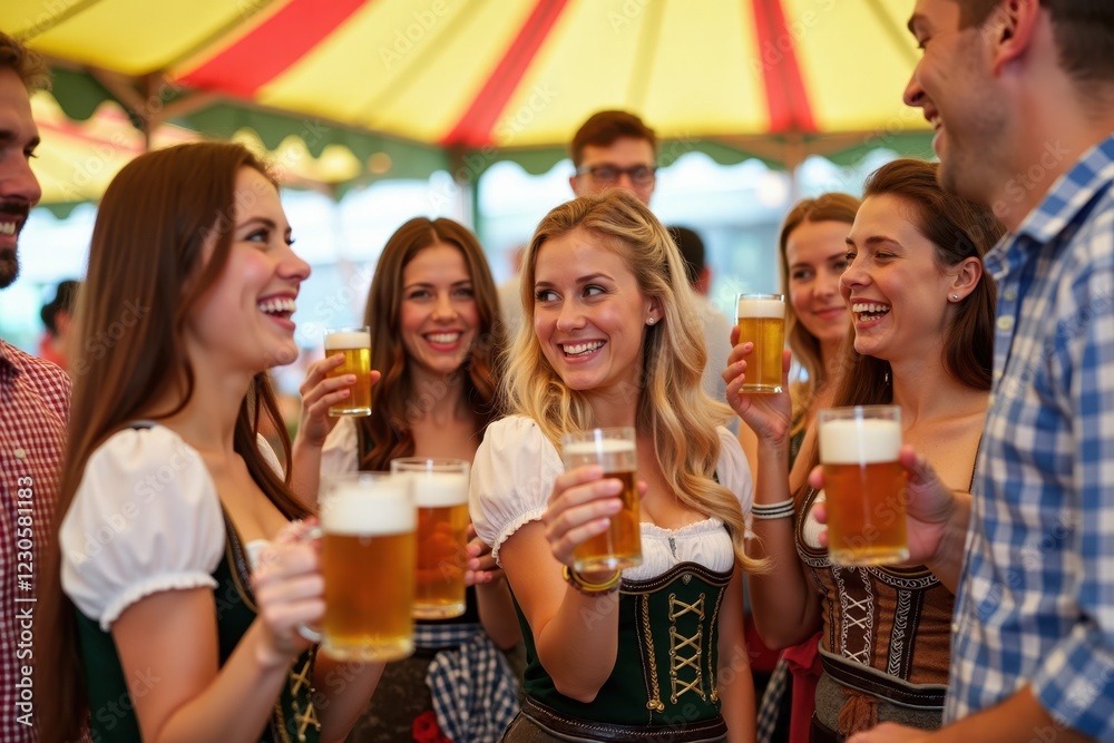A cheerful group of people in traditional Bavarian outfits holding beer mugs. The scene is set at a lively Oktoberfest tent with colorful decorations A cheerful group of people in traditional Bavarian outfits holding beer mugs. The scene is set at a lively Oktoberfest tent with colorful decorations