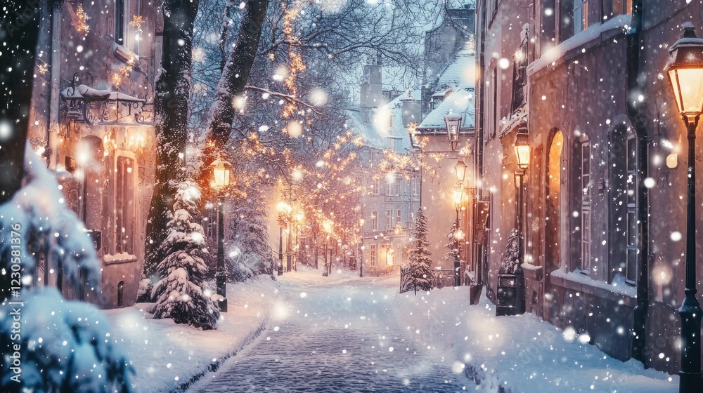 Snowy Christmas Street Scene With Festive Lights Snowy Christmas Street Scene With Festive Lights