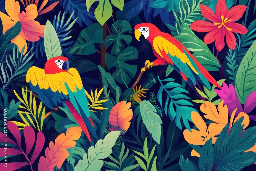 Two Macaws Among Lush Tropical Foliage Two Macaws Among Lush Tropical Foliage