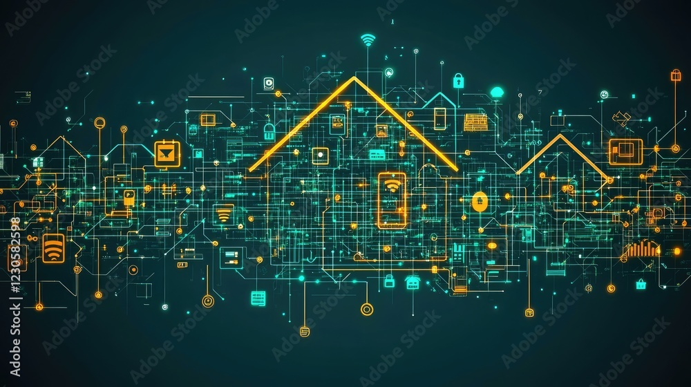 Fototapeta premium Smart Home Technology Concept: Digital Network of Connected Devices and IoT Solutions