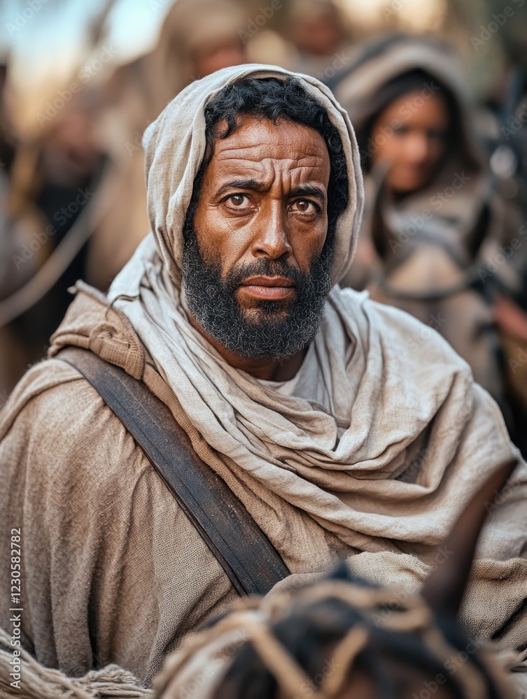 A man in a prophet costume looking thoughtful and intense, set in an ancient desert landscape. A man in a prophet costume looking thoughtful and intense, set in an ancient desert landscape.