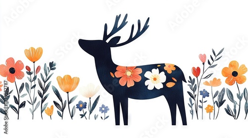   A deer gracefully poses amidst a vibrant floral field, its antlers adorned with brilliant shades of orange and white