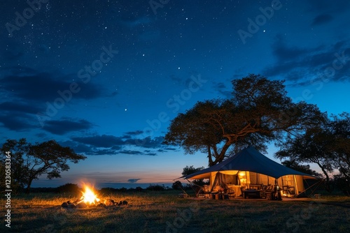 Rustic house under starry night sky with warm light photo