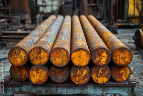 Stack of wooden logs in outdoor lumber yard photo