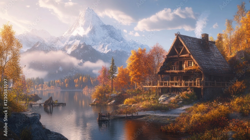 Fototapeta premium Autumnal Lakeside Cabin Nestled Amongst Majestic Mountains