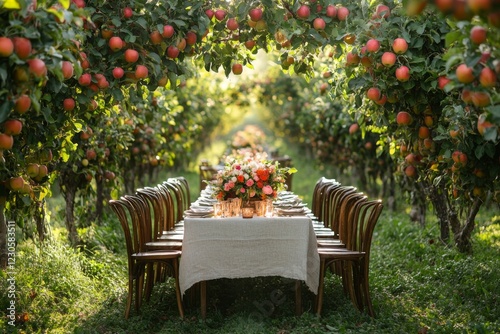 Outdoor garden dining table with chairs and flowers photo