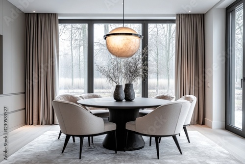Modern dining room with large windows and soft curtains photo