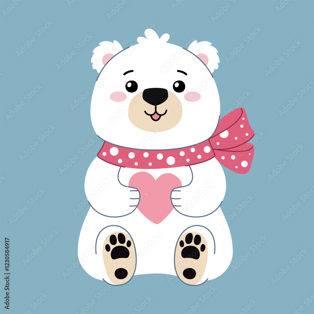 Naklejka premium Cute teddy bear sitting with a heart in his paws, front view. Polar bear with a polka dot bow and a cute smiling face. Character for Valentine's Day, Birthday and other holidays.