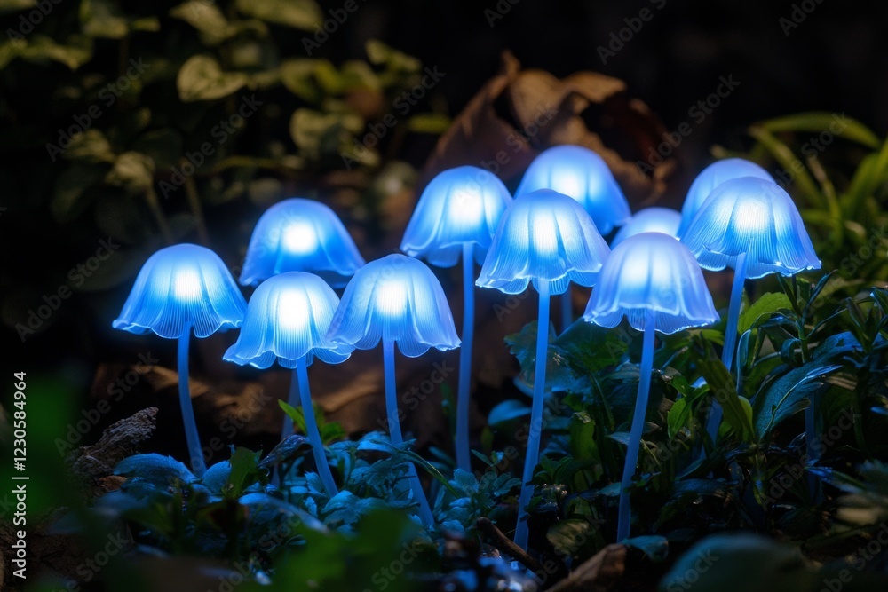 Fototapeta premium In a fantastic world, mushrooms emit a glow. In the night forest, they twinkle like stars. A peaceful night landscape