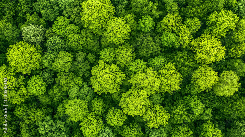 Fototapeta premium Aerial view of a young green forest in spring or summer.