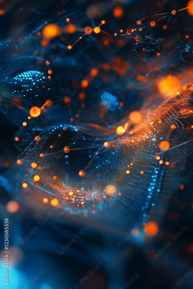 Obraz premium Dynamic Neon Digital Network: Abstract Technology Visualization in Blue and Orange