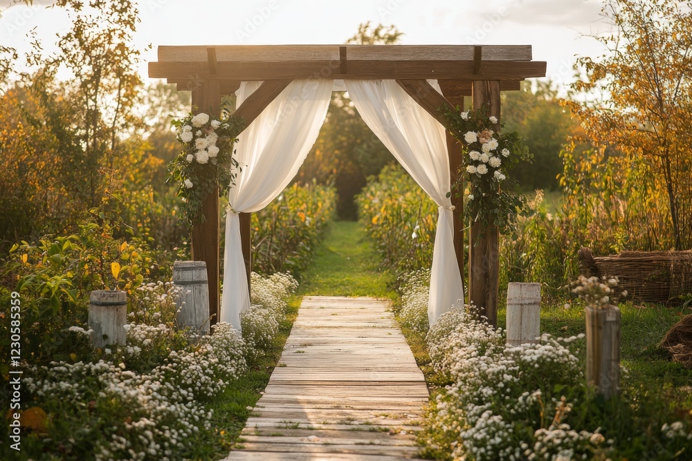 Beautiful wedding arch decorated with flowers in a garden Beautiful wedding arch decorated with flowers in a garden