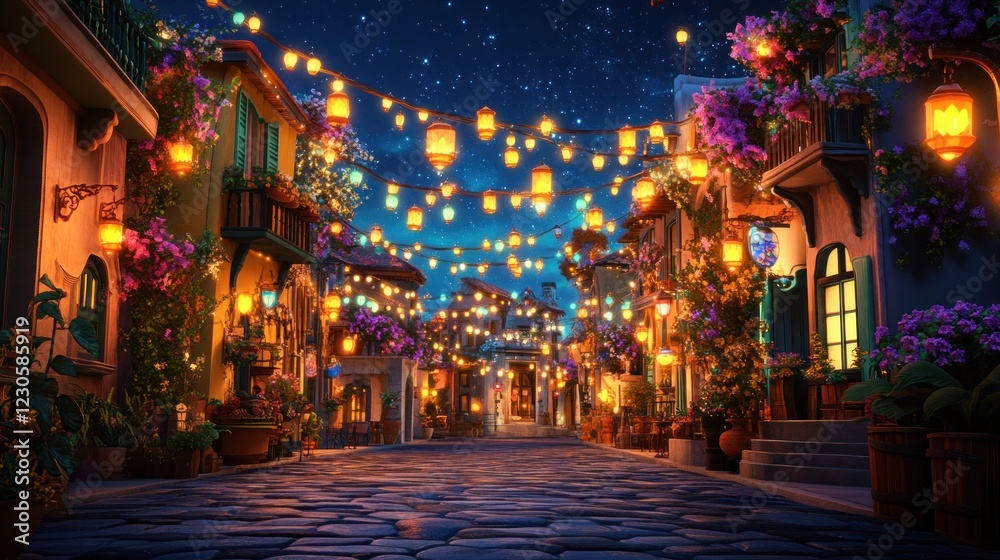 Enchanting Night Street Scene With Colorful Lanterns And Flowers Enchanting Night Street Scene With Colorful Lanterns And Flowers