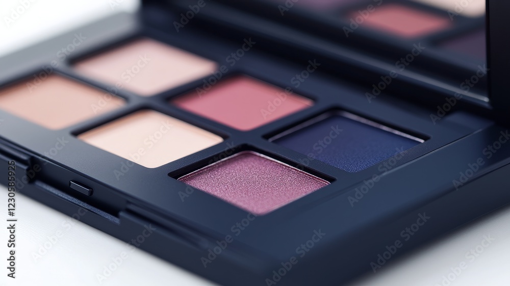 Close-up of a sleek makeup palette featuring soft and bold shades with a reflective surface Close-up of a sleek makeup palette featuring soft and bold shades with a reflective surface