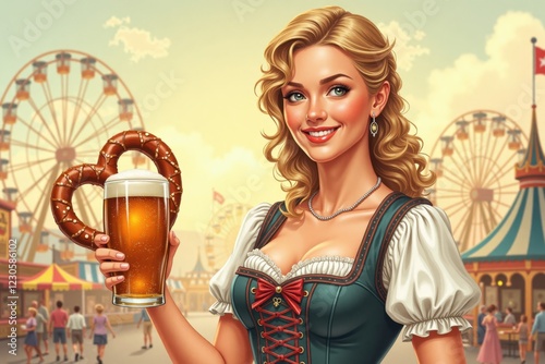 A smiling woman in a dirndl dress holding pretzels and a beer mug. The background shows a sunny Oktoberfest fairground with ferris wheels and booths photo