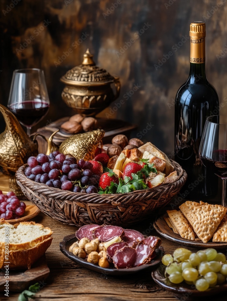 Bountiful spread of food and wine for enjoyment, including grapes, cheese, meats, crackers, desserts, and more. Bountiful spread of food and wine for enjoyment, including grapes, cheese, meats, crackers, desserts, and more.