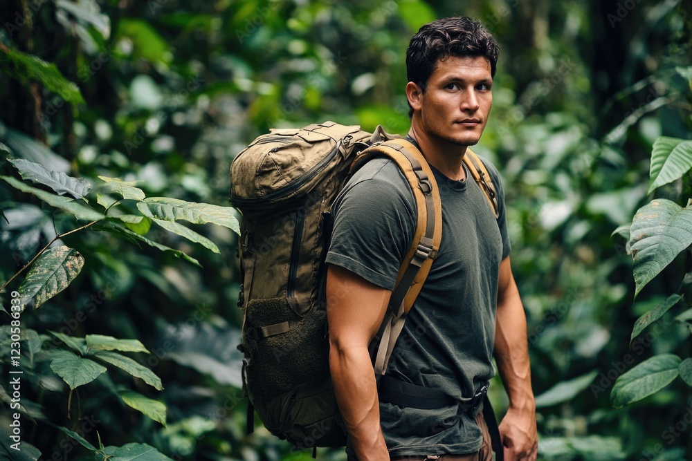 Man with backpack in dense jungle, hiking through rough terrain, adventurous exploration of natural surroundings. Man with backpack in dense jungle, hiking through rough terrain, adventurous exploration of natural surroundings.