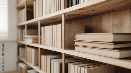 Wooden bookshelf filled with books.