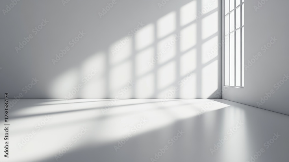 Bright, minimalistic interior space with shadows cast by window grids, creating a serene atmosphere Bright, minimalistic interior space with shadows cast by window grids, creating a serene atmosphere