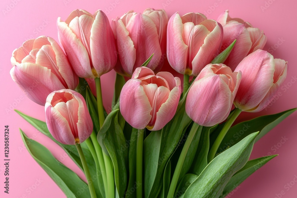Fototapeta premium A stunning arrangement of spring flowers featuring a bouquet of pink tulips on a pastel pink background, perfect for Valentine's Day, Easter, birthdays, Women's Day, and Mother's Day. Flat lay, top