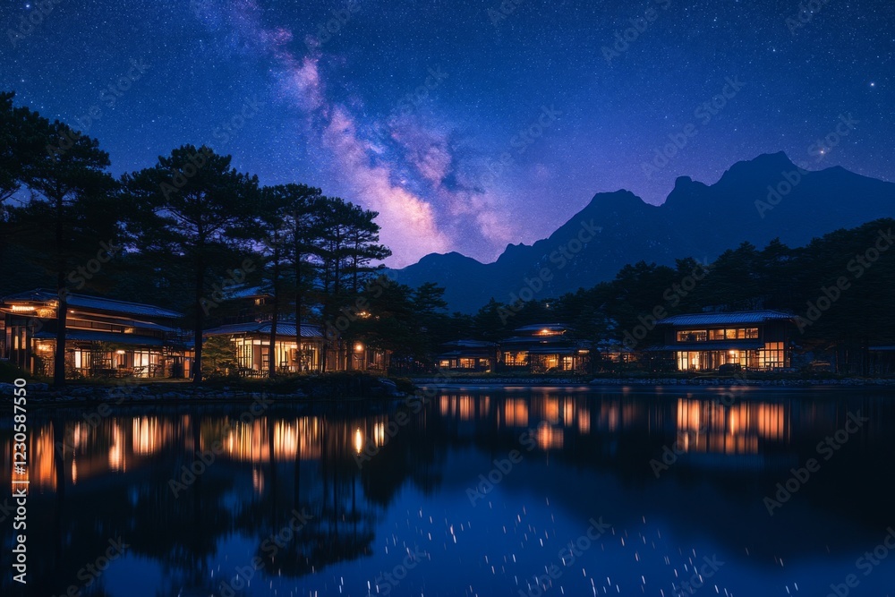 Lakeside view of a serene landscape with mountains at night Lakeside view of a serene landscape with mountains at night