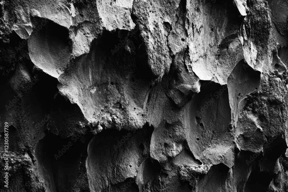 Abstract grayscale image of a rugged, textured rock surface with deep crevices and shadows. Abstract grayscale image of a rugged, textured rock surface with deep crevices and shadows.