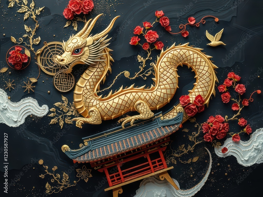 Obraz premium A dragon resting on a Japanese house