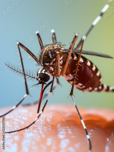 Mosquito biting a person's skin. Close-up image showing insect feeding on human skin, emphasizing the role mosquitoes play in disease transmission.