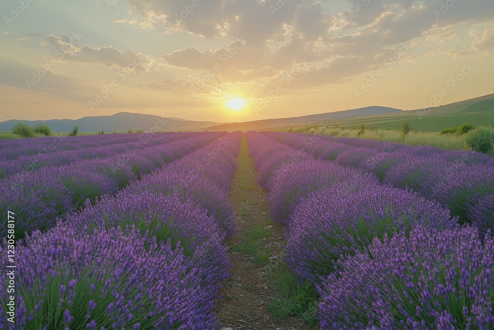 Fototapeta premium Sunset over lavender fields with warm sunlight and vibrant colors