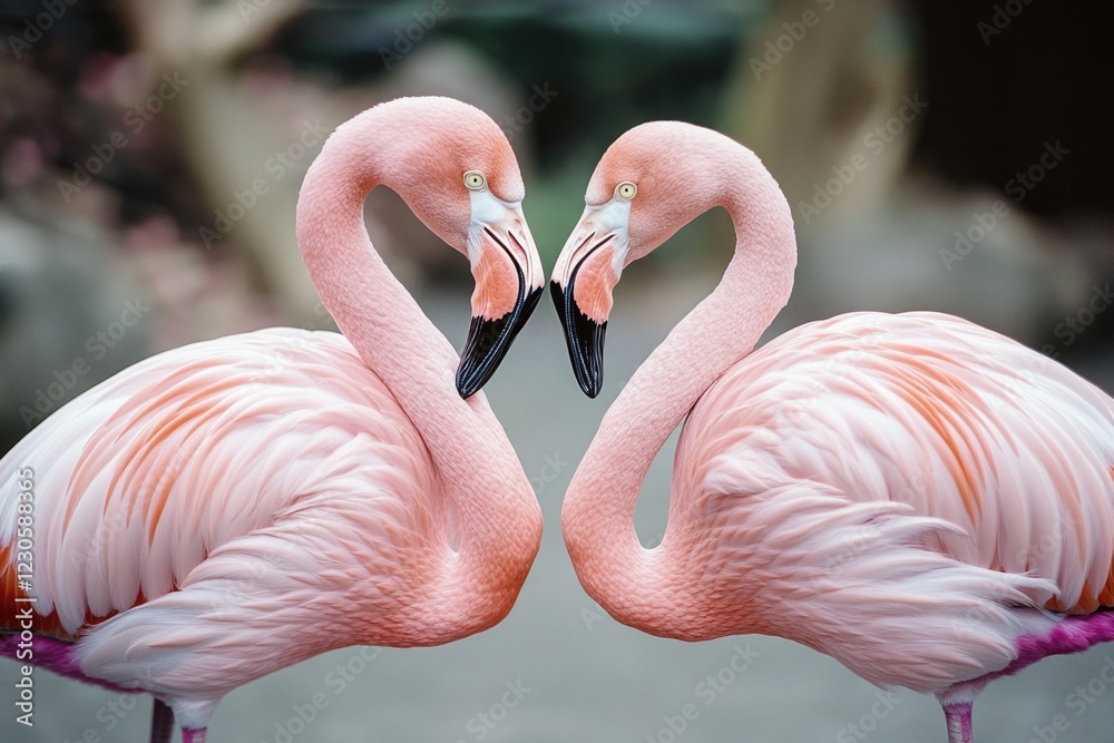 Naklejka premium Flamingo pair heart shape beaks, showing love and affection in a natural environment.