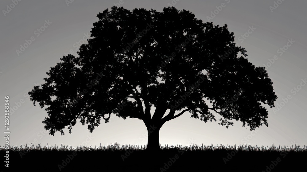 Obraz premium Silhouetted oak tree at dawn, peaceful field background, nature imagery
