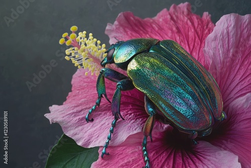 An iridescent jewel scarab beetle rests on a vibrant pink hibiscus flower, showcasing striking contrast and natural beauty. photo