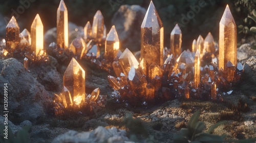 Glowing Amber Crystals Cluster in Magical Forest Scene photo