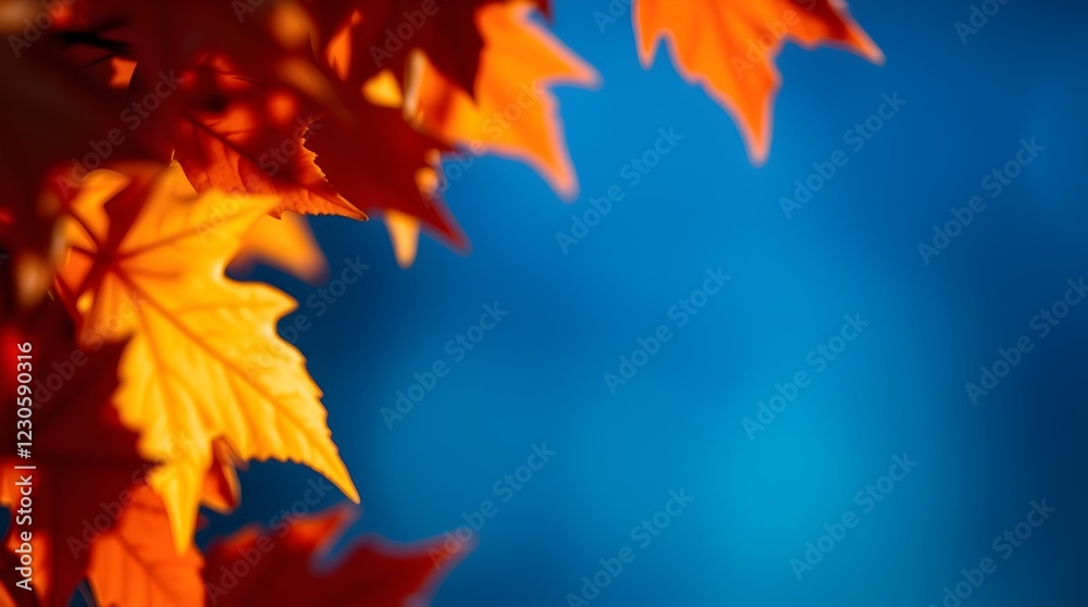 Bright autumn leaves in vibrant orange, yellow, and red hues on blue background Bright autumn leaves in vibrant orange, yellow, and red hues on blue background